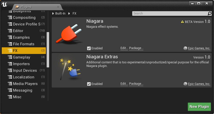Enabled plugins. SIMPLESCORE плагин. Niagara System Effects. Play on Beta plugin.
